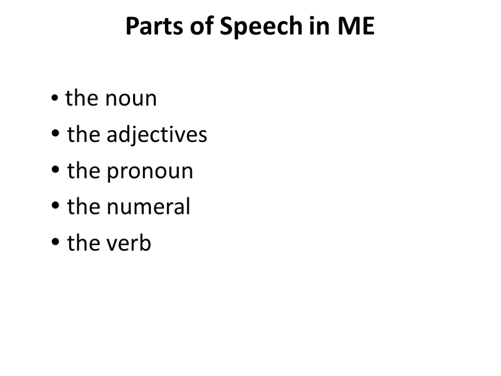 Parts of Speech in ME  the noun  the adjectives  the pronoun